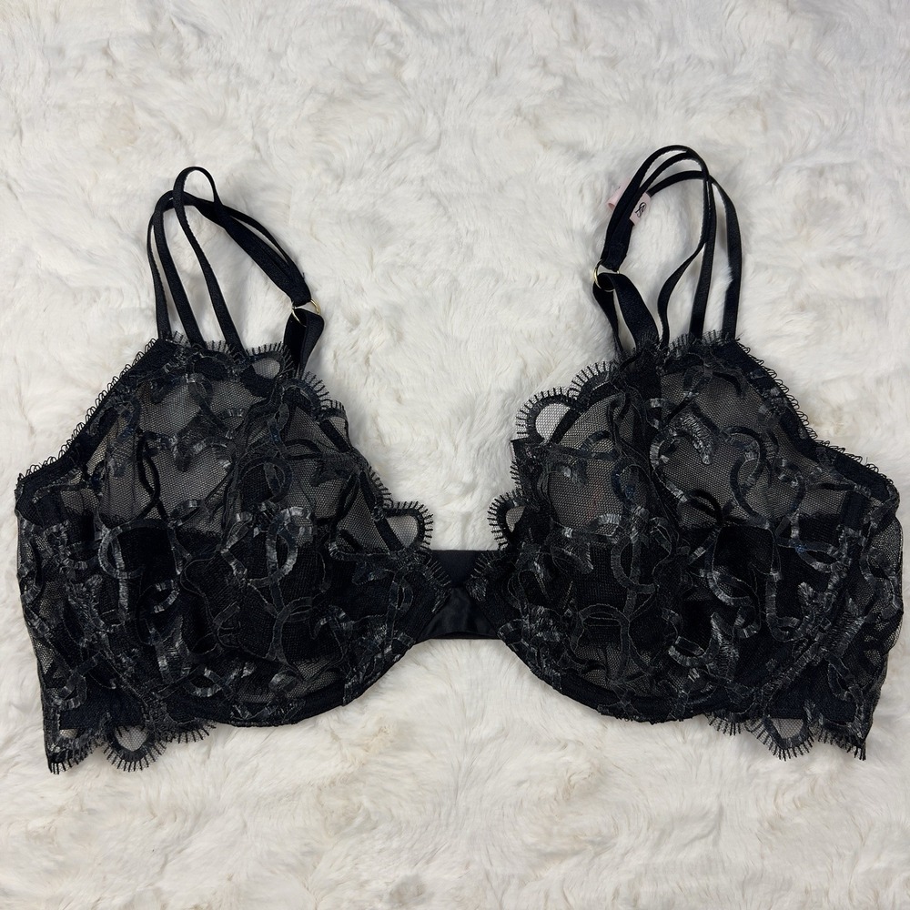 Victoria's Secret Very Sexy Heart Mesh Low Cut Demi Bra 32C Black Lace Underwire